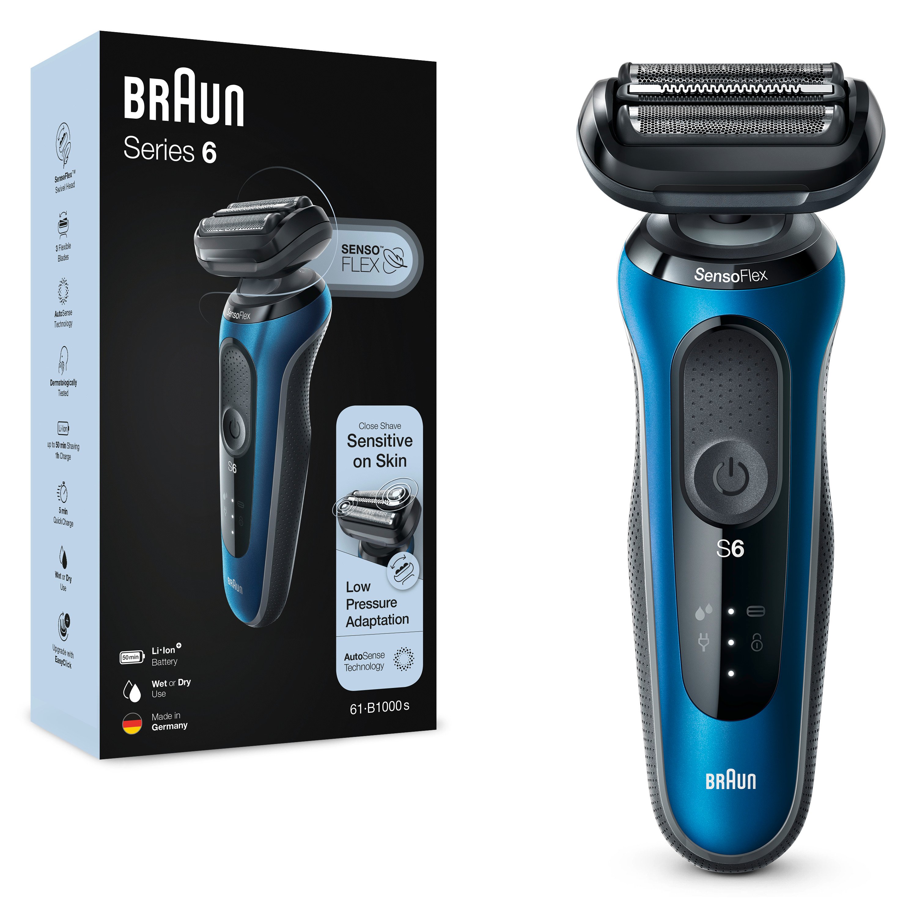 Braun Series 6 61-B1000s Rasoio Elettrico Uomo, SensoFlex, Wet&Dry, Ricaricabile, Rasoio A Lamina Senza Fili, Blu