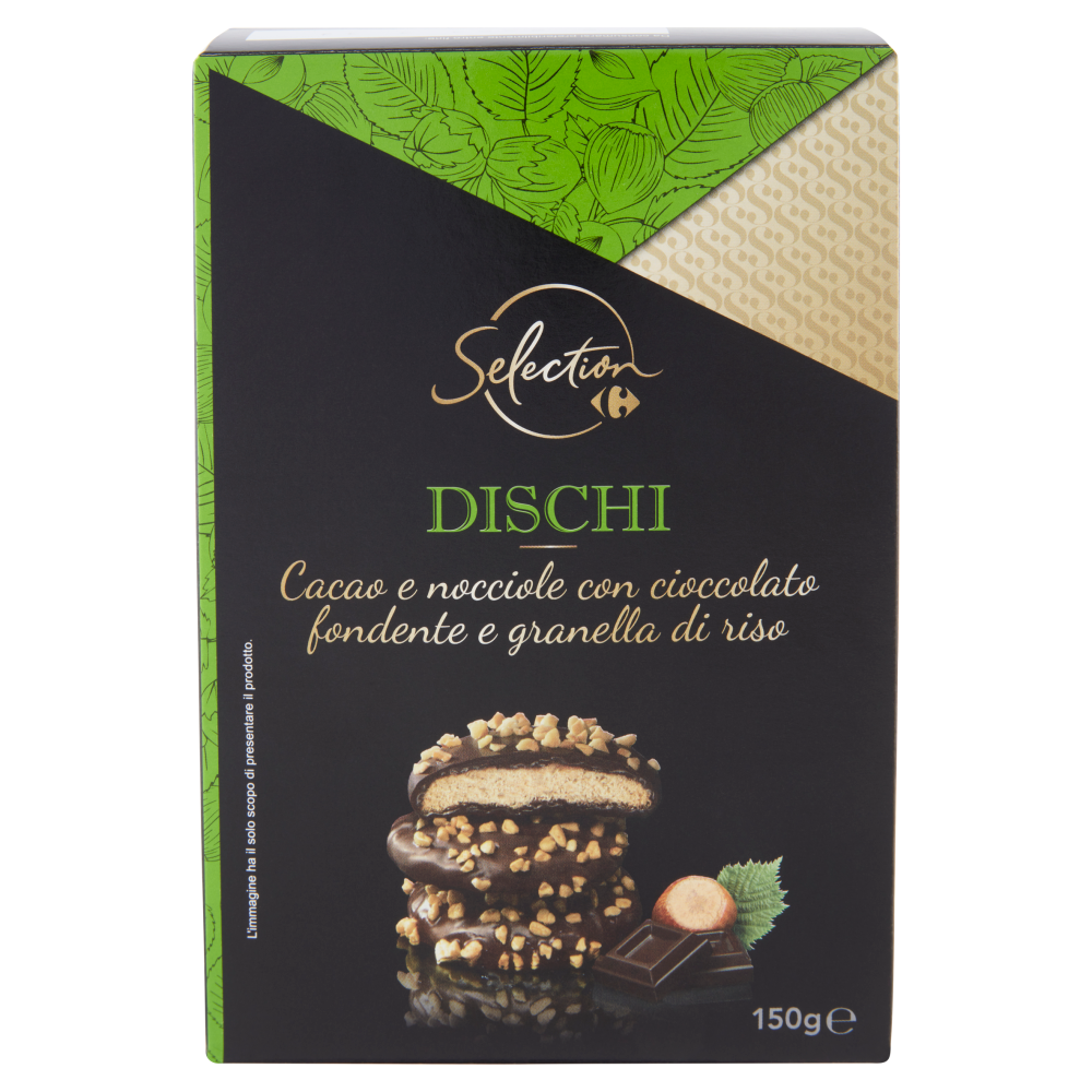 Carrefour Selection Dischi Cacao e nocciole con cioccolato fondente e granella di riso 150 g