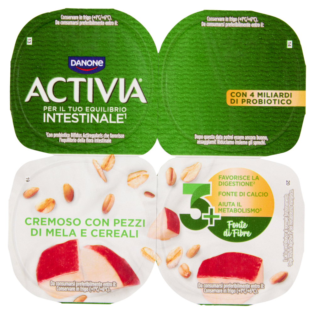 ACTIVIA Fibre Yogurt con Probiotico Bifidus, gusto Mela & Cereali, 4x125g