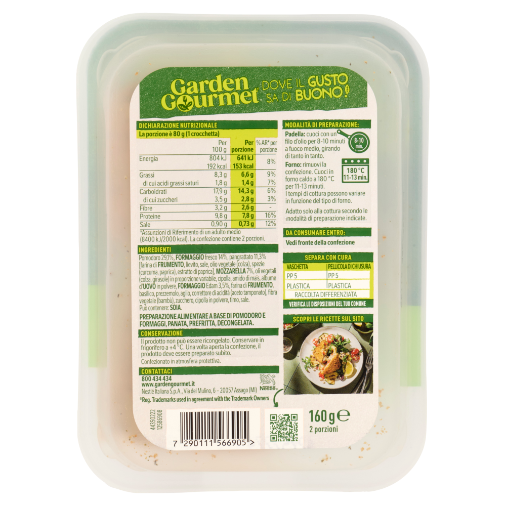 GARDEN GOURMET Crocchetta Filante Vegetariana con Pomodoro e Formaggi 2 pezzi 160g