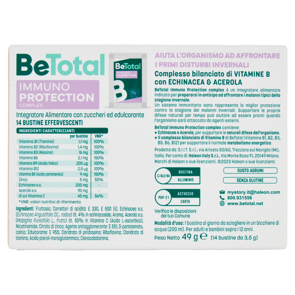 BeTotal Immuno Protection Vitamina B, Echinacea, Acerola, Supporto per Difese Immunitarie 14 Bst 49g