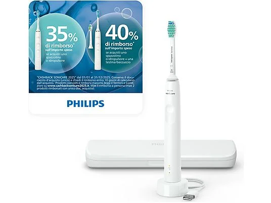 Philips Sonicare serie 3100 Spazzolino Elettrico Sonico Bianco, con custodia da viaggio HX3673/13
