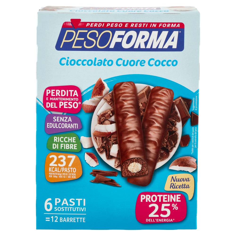 Pesoforma Cioccolato Cuore Cocco, sostitutivo del pasto ricco di fibre, 237 kcal per pasto, 12 x 31g