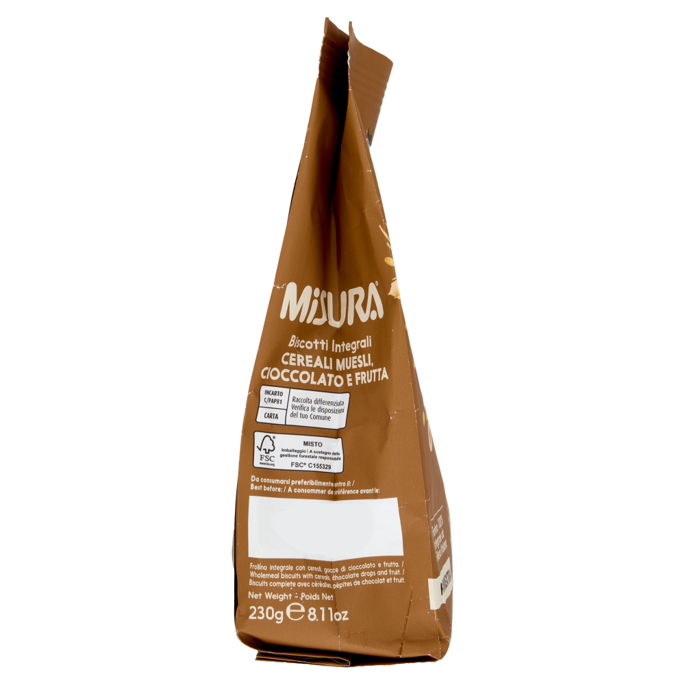 Misura Fibrextra Biscotti integrali Cereali Muesli, Cioccolato e Frutta 230 g