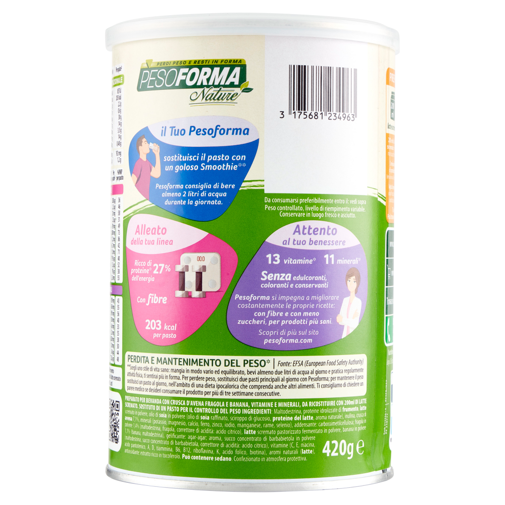 Pesoforma Nature Smoothie gusto Avena Fragola e Banana, sostitutivo del pasto, 203kcal a pasto, 420g