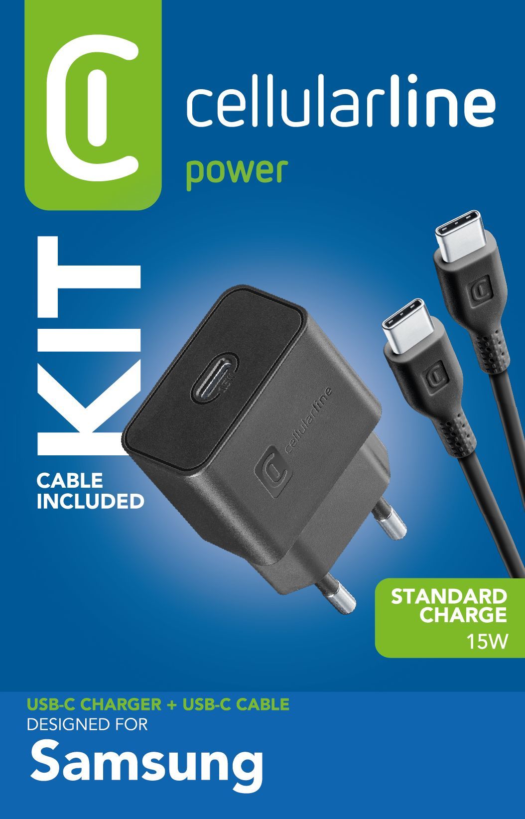 Cellularline USB-C Charger Kit 15W USB-C Charger Kit 15W carica velocemente e in tutta sicurezza i device Samsung con porta USB-C compatibili con la carica 15W.