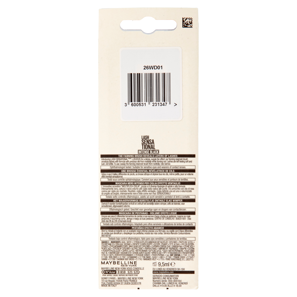 Maybelline New York Mascara Ciglia Sensazionali, Volumizzante, Intense Black, 9.5 ml