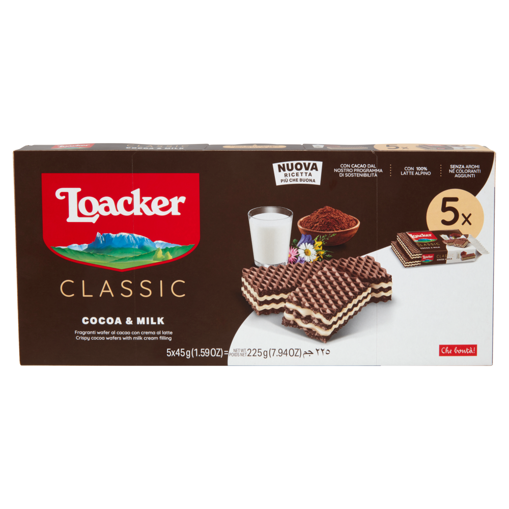 Loacker Classic Cocoa & Milk Wafer al cacao con crema al latte 100% alpino Wafers 45gx5