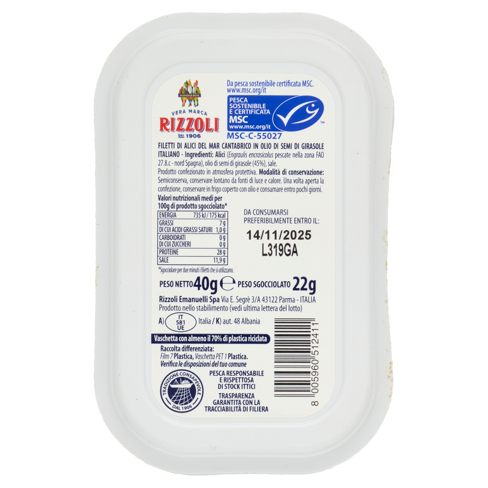 Rizzoli Filetti di Alici del Mar Cantabrico Olio 100% Italiano 40 g