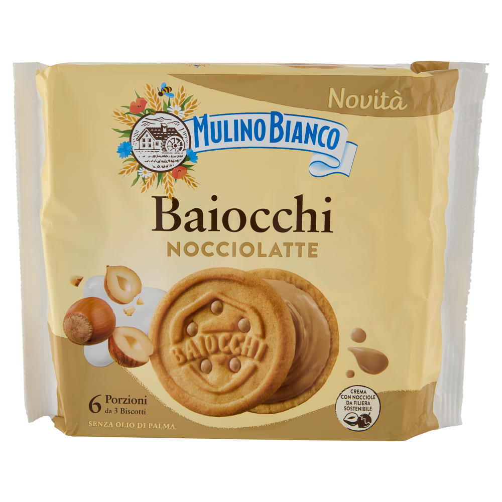 Mulino Bianco Baiocchi Snack Biscotti Farciti con Crema Nocciole e Latte Nocciole 100% Italiane 168g