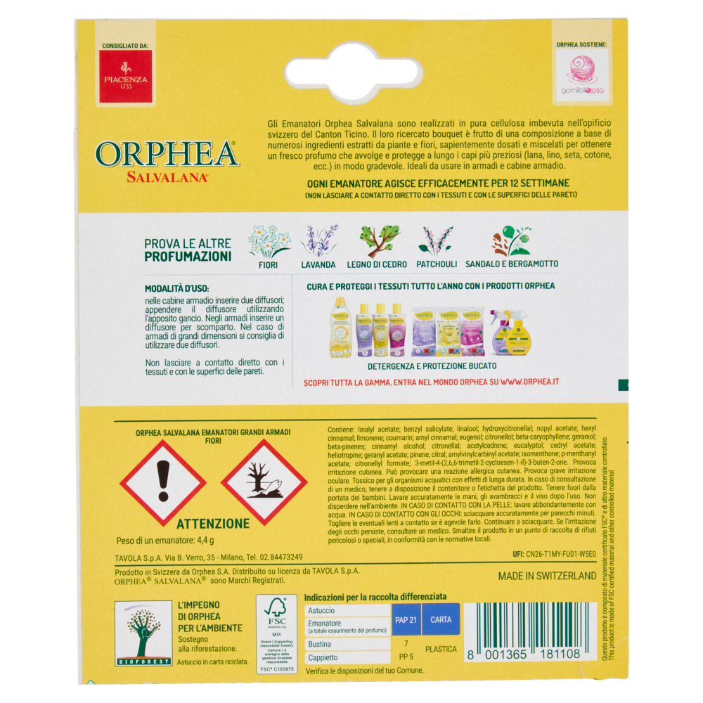 Orphea Salvalana Emanatori Grandi Armadi al Profumo Naturale di Fiori 2 x 4,4 g