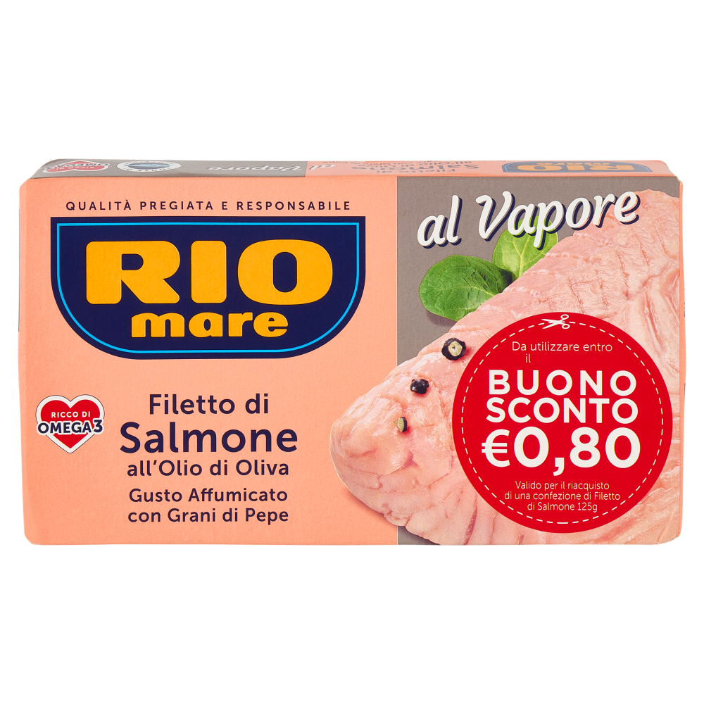 Rio mare Filetto di Salmone all'Olio di Oliva Gusto Affumicato con Grani di Pepe al Vapore 125 g