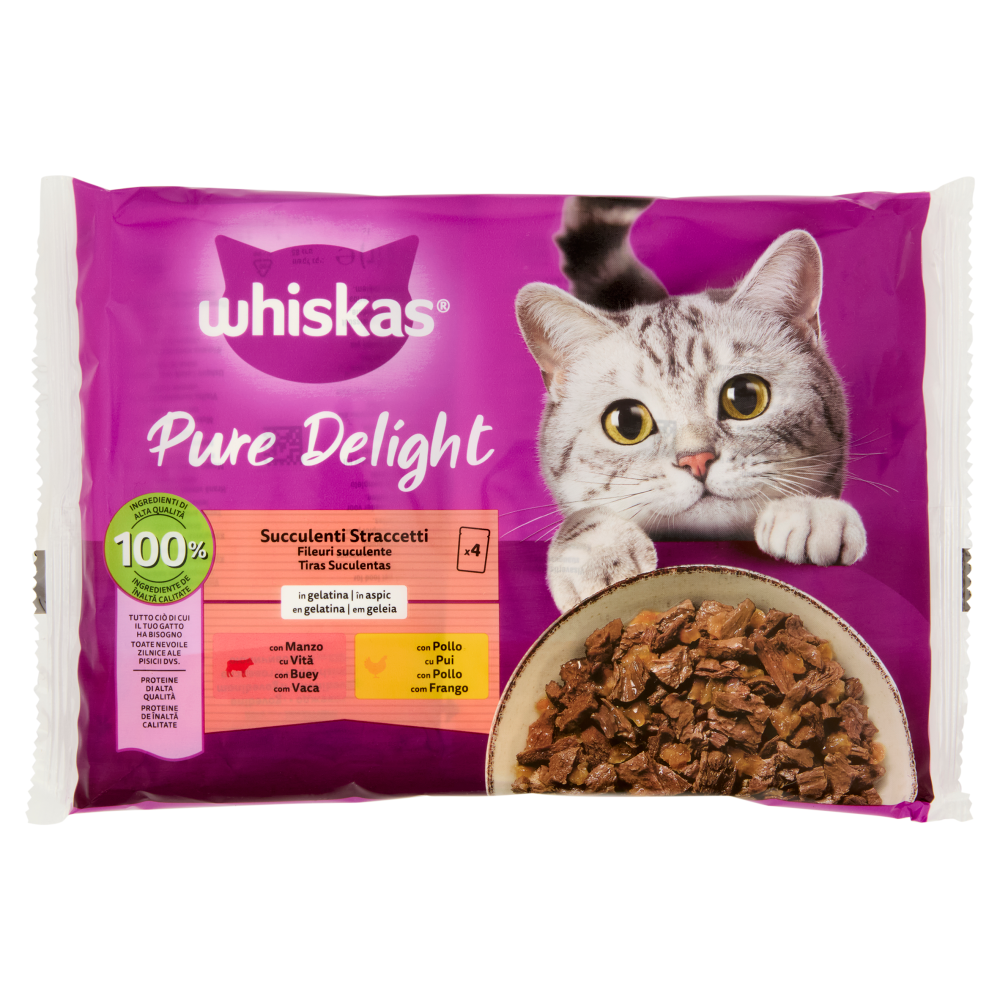 Whiskas Pure Delight Cibo Umido Gatto Succulenti Straccetti in Gelatina con Manzo e Pollo 4x85g