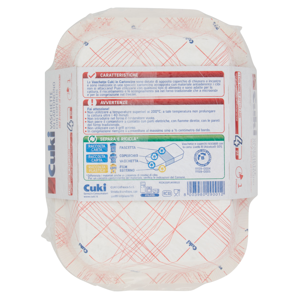 Cuki Conserva e Cuoce Vaschette in Cartoncino con Coperchi 1 Porzione 4 pz