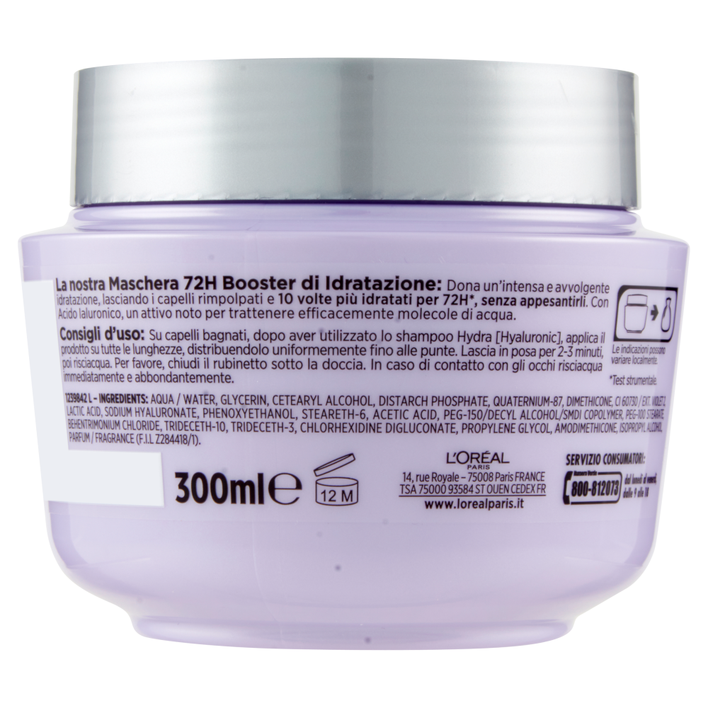 L'Oreal Paris Maschera Elvive Hydra Hyaluronic con Acido Ialuronico 72H Booster di Idratazione 300ml