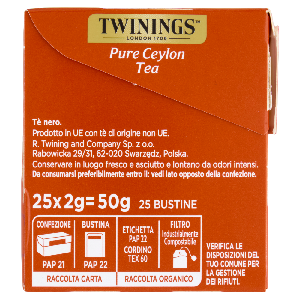 Twinings Pure Ceylon Tea T&egrave; Nero Speciality 25 filtri The 50 g