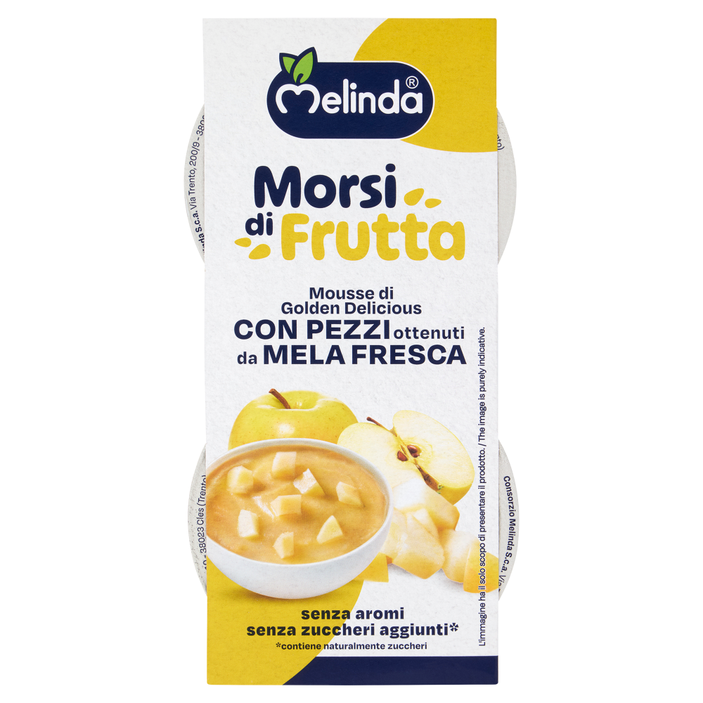 Melinda Morsi di Frutta Mousse di Golden Delicious con Pezzi ottenuti da Mela Fresca 2 x 100 g