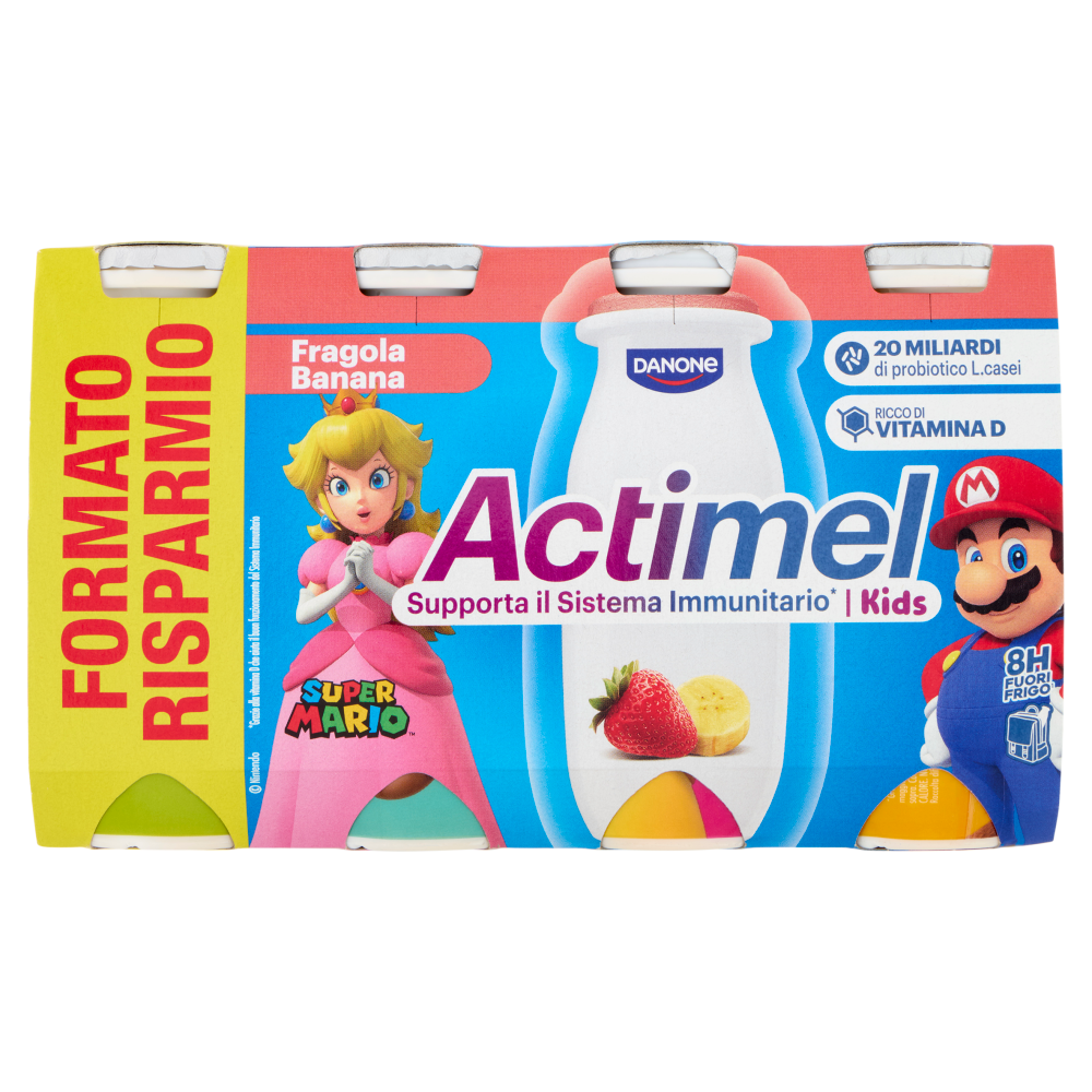 ACTIMEL SuperMario, Yogurt da Bere con Vit B6 e D per il Sistema Immunitario, fragola&banana, 8x100G