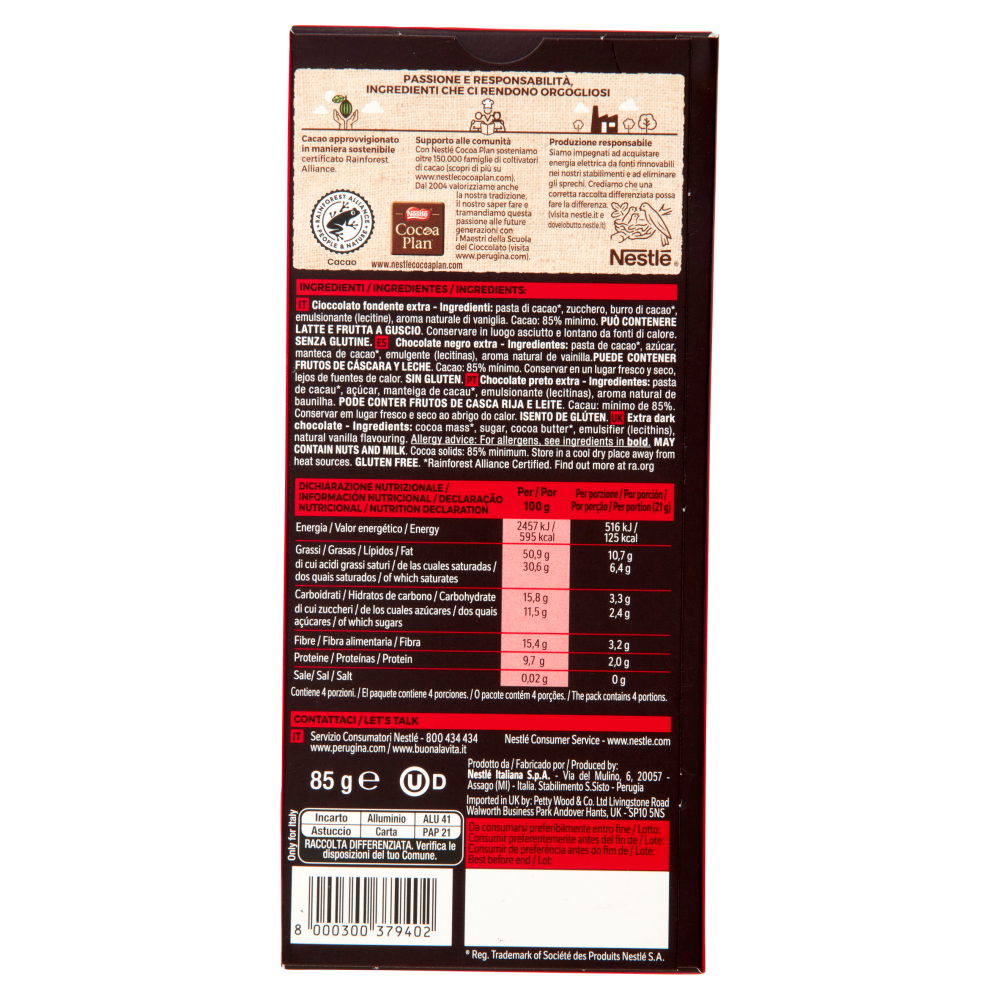 PERUGINA NERO Fondente Extra 85% Tavoletta Cioccolato Fondente 85g