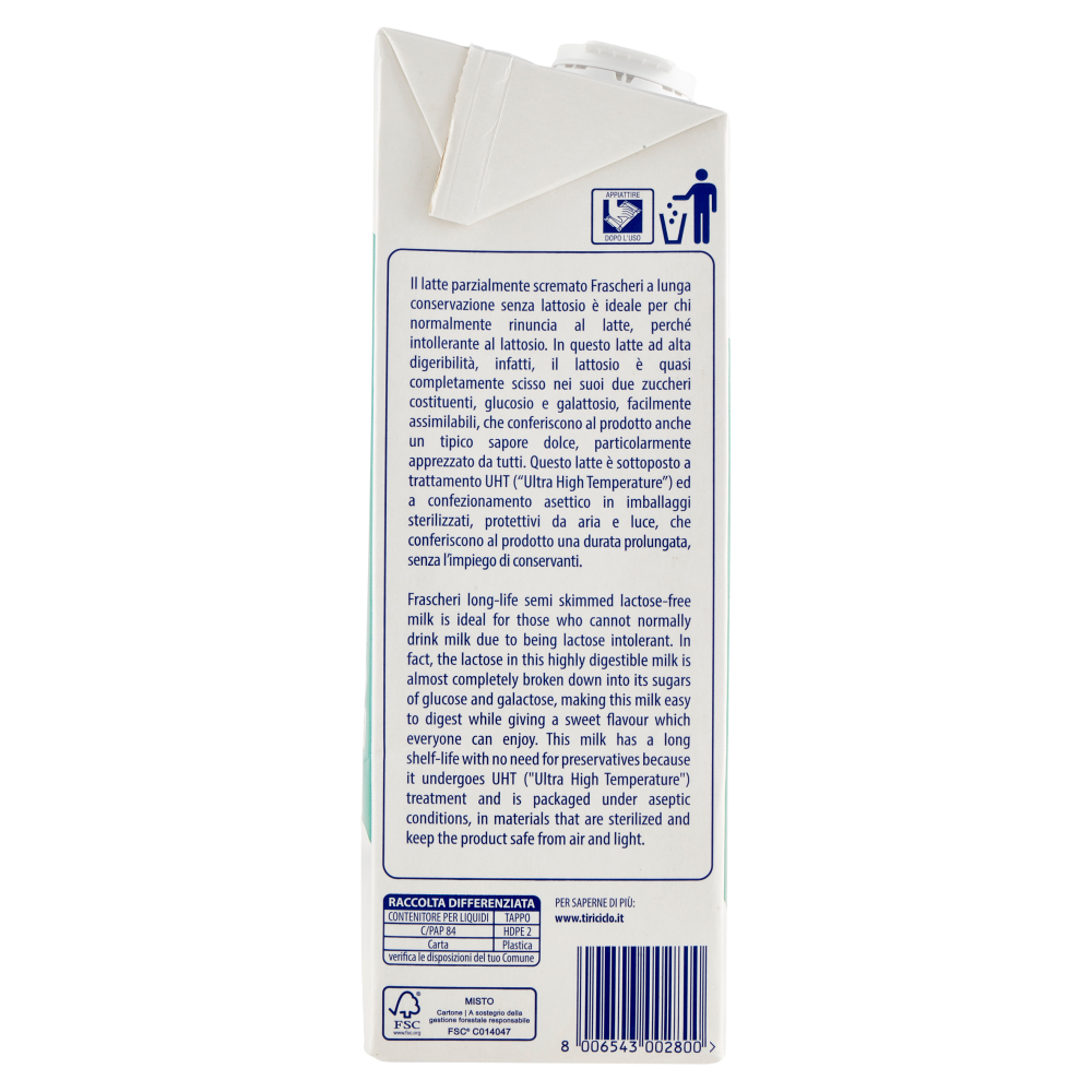 Frascheri latte parz. scremato senza lattosio UHT a Lunga Conservazione Alta Digeribilit&agrave; 1000 ml