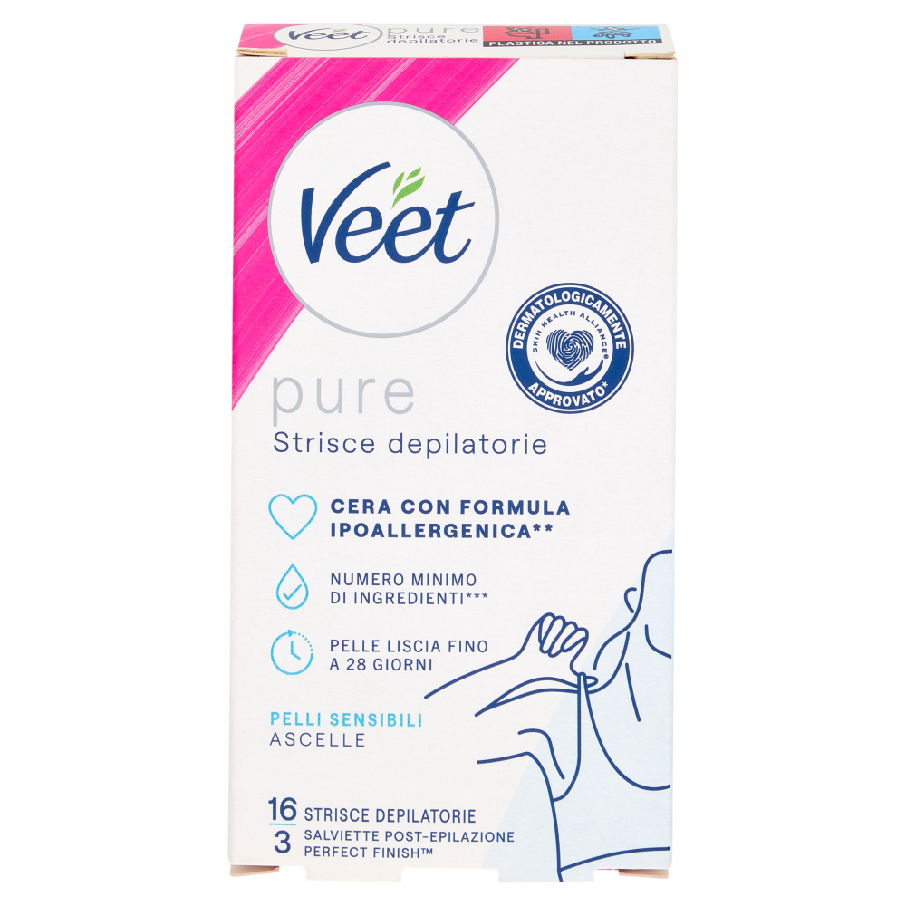 Veet Pure Strisce Ipoallergeniche Ascelle, Confezione da 16 Strisce