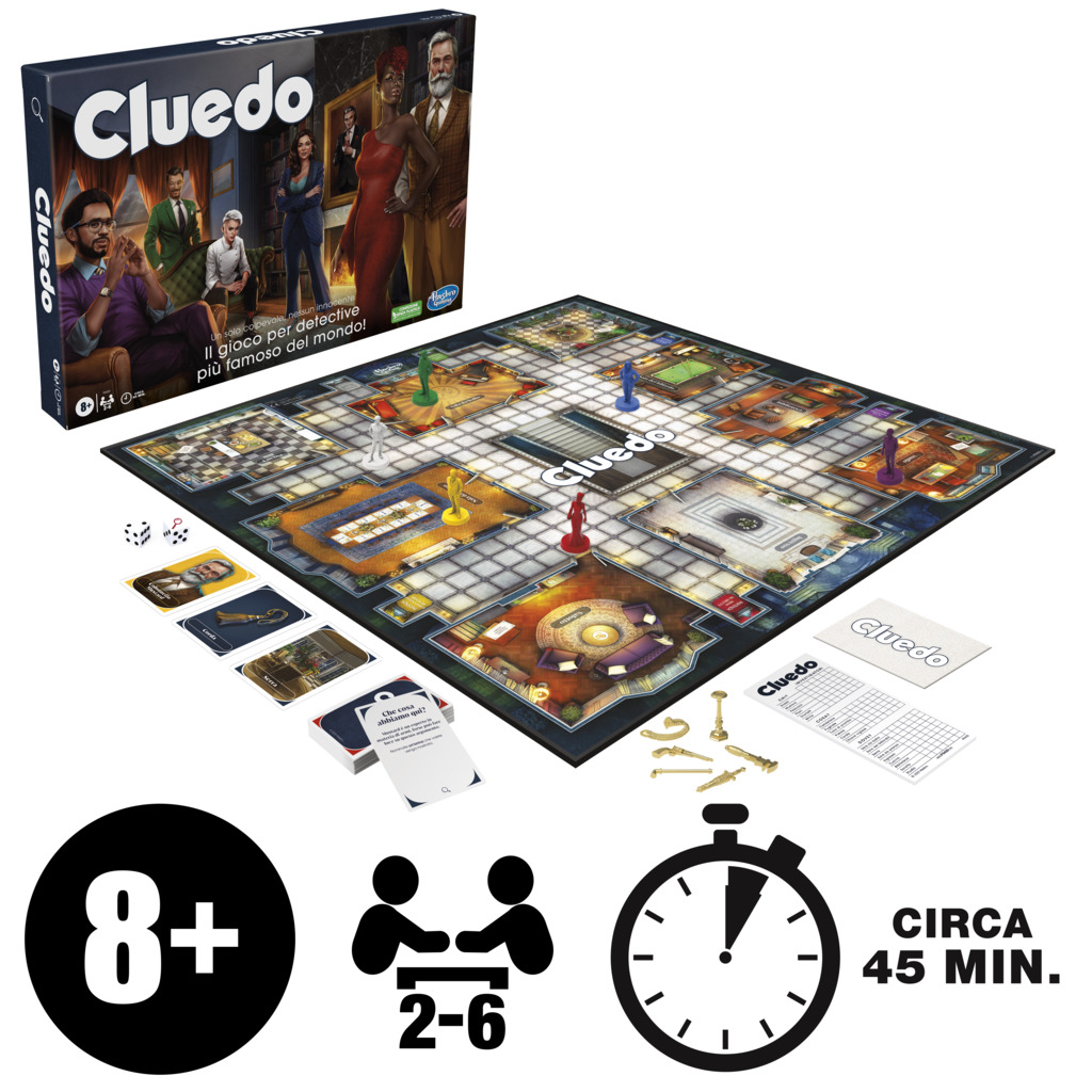 Cluedo Classico Refresh, gioco in scatola, gioco rivisitato per 2-6 giocatori, giochi di mistero giochi investigativi, giochi per la famiglia per bambini e adulti