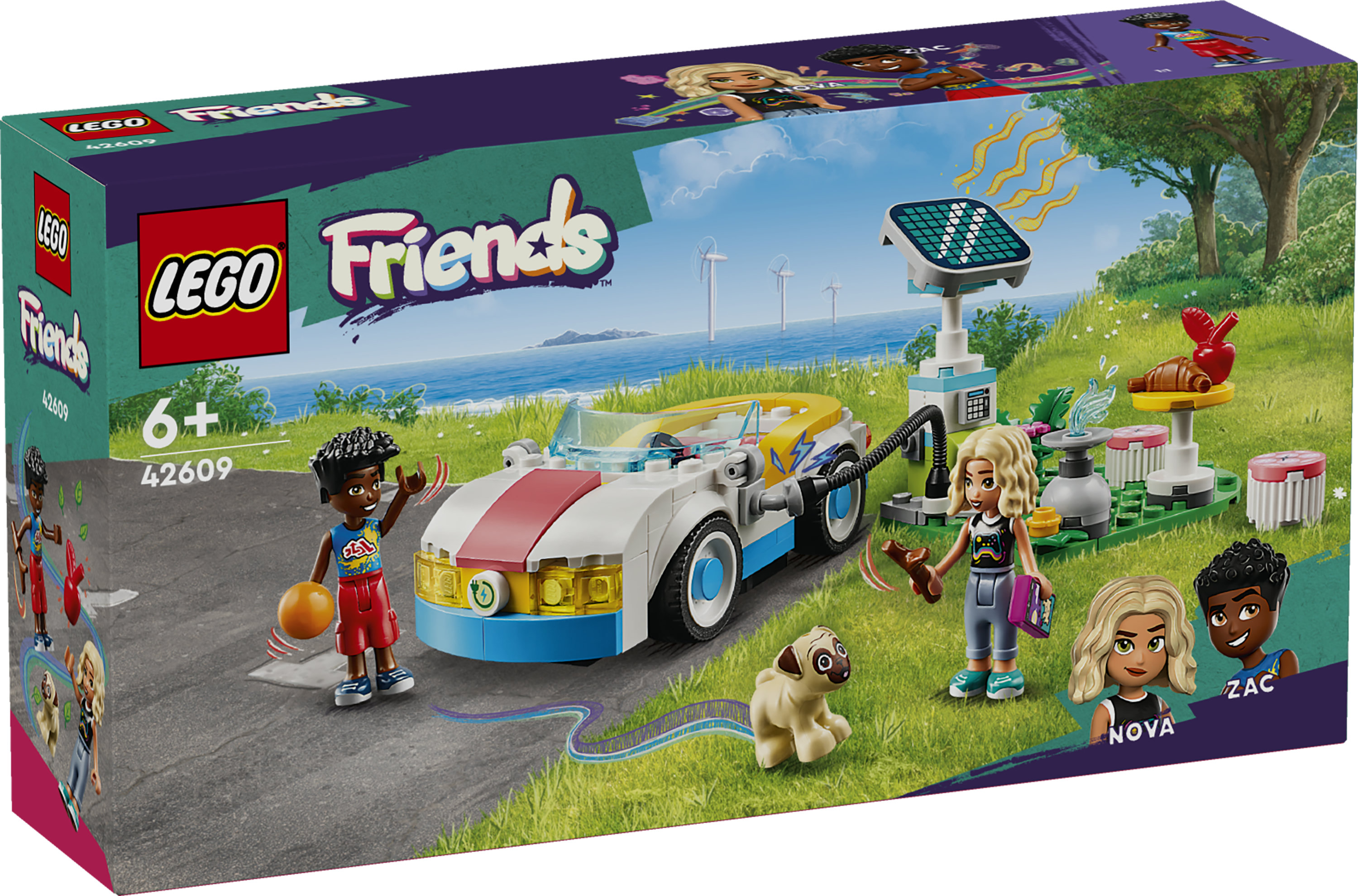 LEGO Friends 42609 Auto Elettrica e Caricabatterie, Giochi per Bambini di 6+ Anni con Macchina Giocattolo e 2 Mini Bamboline