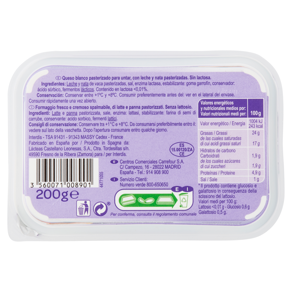 Carrefour No Lactose!* Formaggio spalmabile 200 g