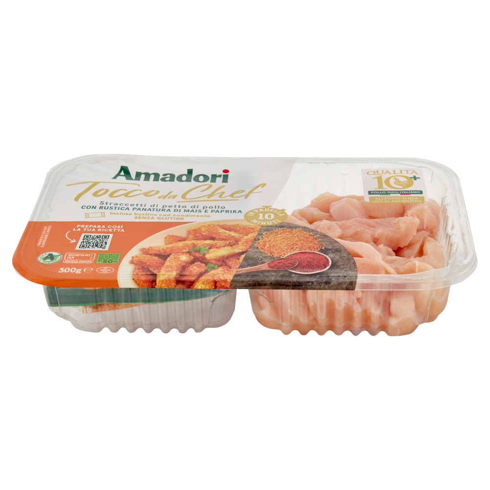 Amadori Qualit&agrave; 10+ Straccetti di petto di pollo con Rustica Panatura di Mais e Paprika 0,300 kg