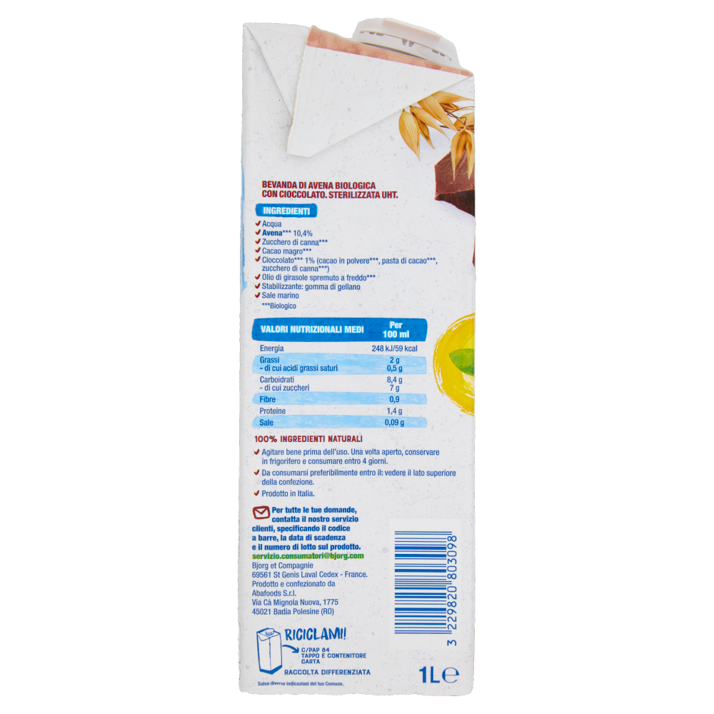 BJORG Avena e Cacao Bevanda Vegetale Biologica, Senza Zuccheri Aggiunti, Prodotto in Italia, 1L