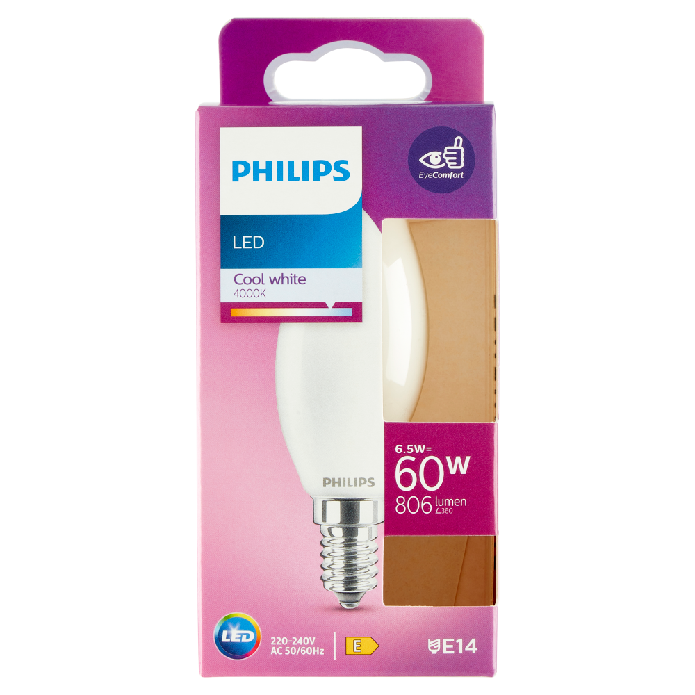 Philips Led candela vetro 60W E14 4000K non dim
