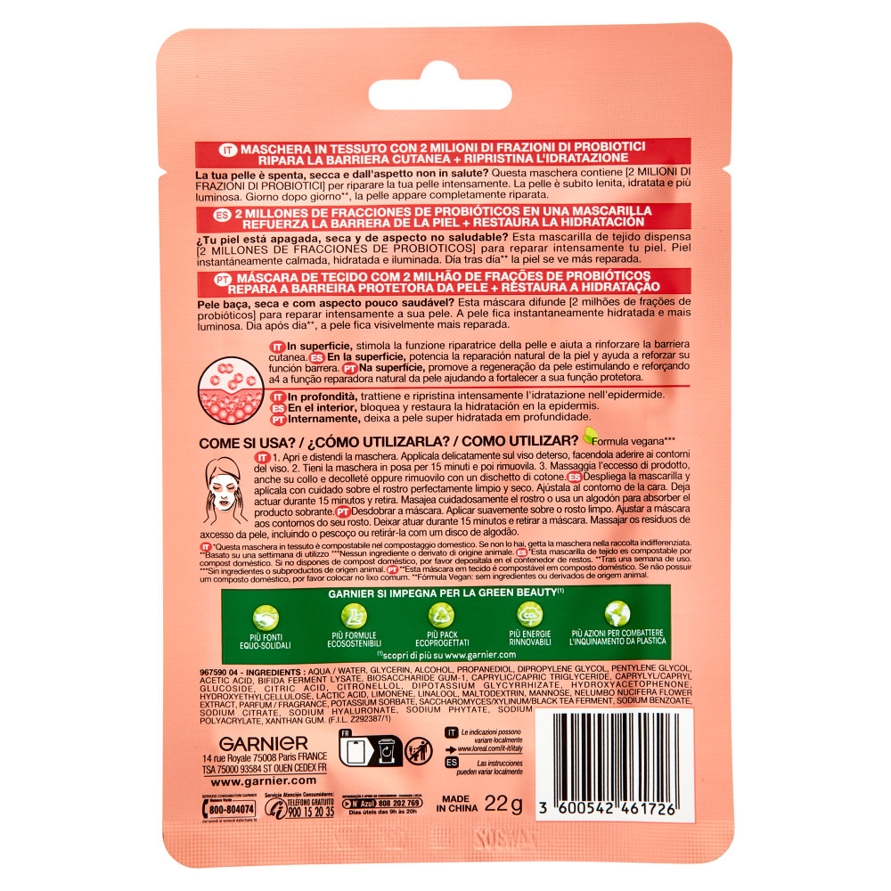 Garnier SkinActive, Maschera in Tessuto Riparatrice Arricchita con Probiotici, 22 g