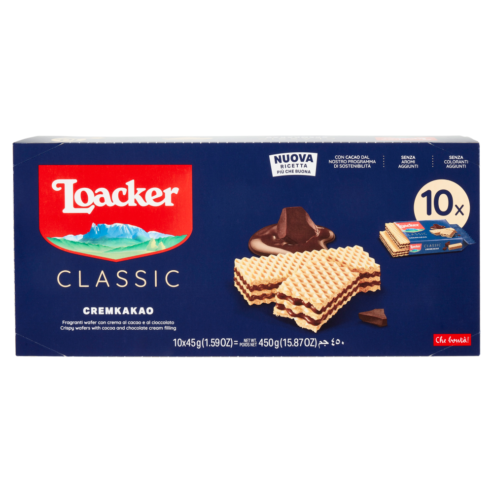 Loacker Wafer Classic Cremkakao Wafers con crema al cioccolato e cacao 10 x 45 g