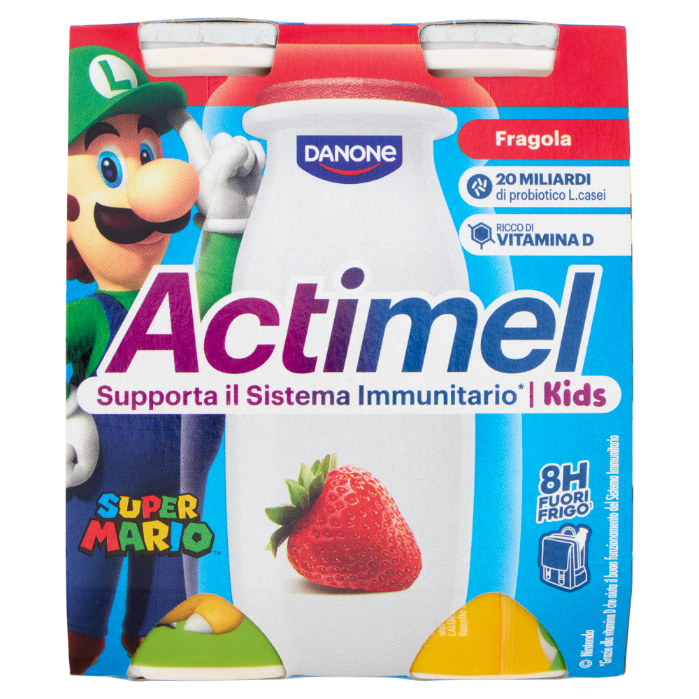 ACTIMEL SuperMario, Yogurt da Bere con Vit B6 e D per il Sistema Immunitario, gusto fragola, 4X100G