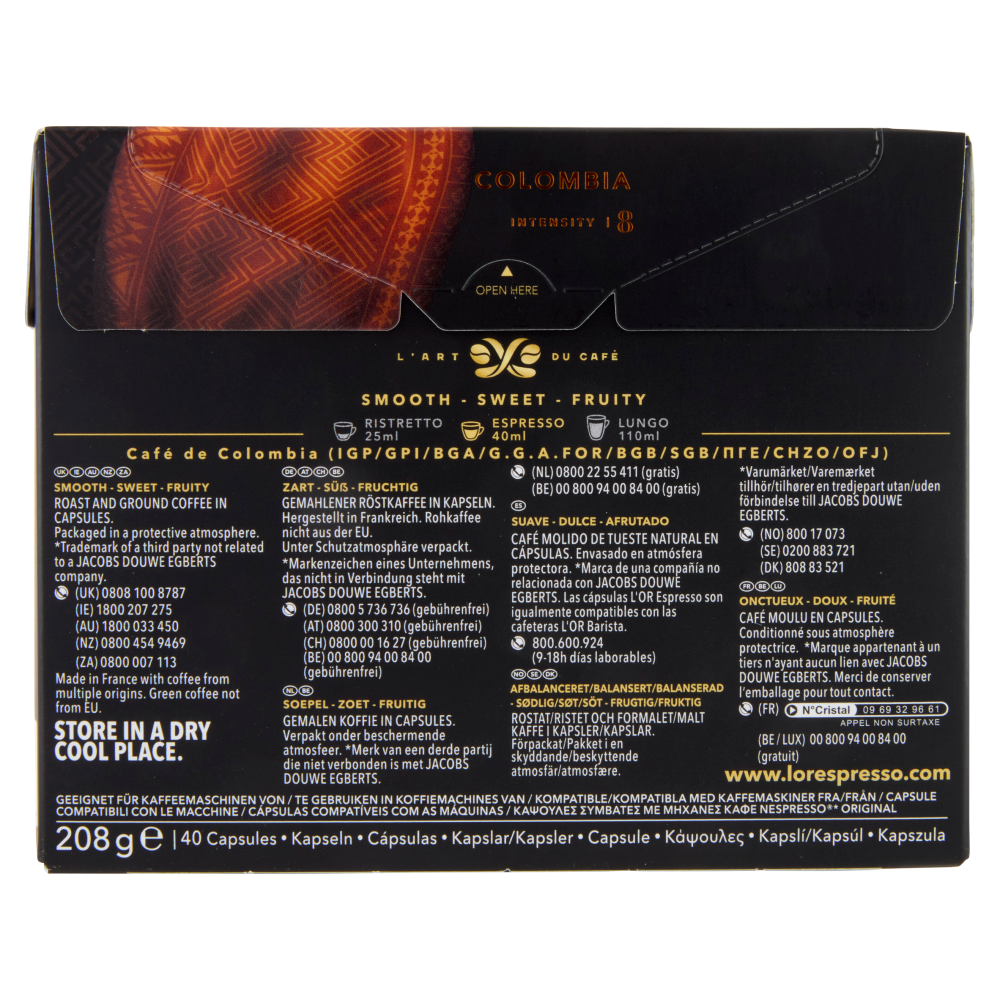 L'OR Espresso Origins Collection Colombia- 40 Capsule Caff&egrave; Comp. Macchine Nespresso*&reg; Original 208g