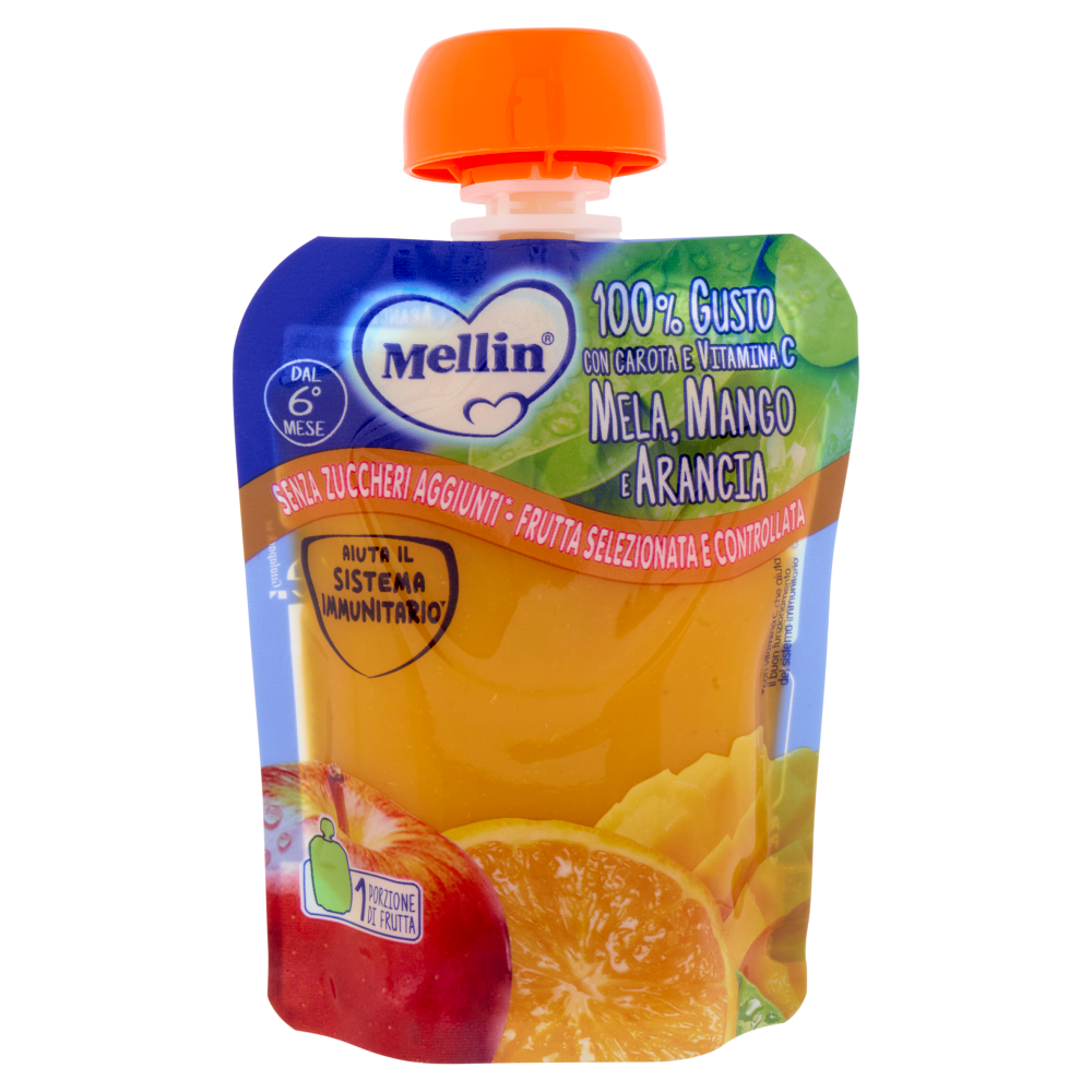 MELLIN Merenda di Frutta 100% con Carota, Arancia e Mango, a partire dal 6&deg; mese, Pouch 90 g