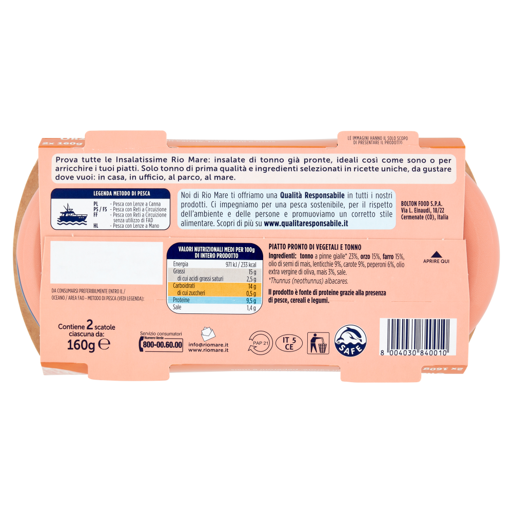 Rio mare Insalatissime Insalata di Tonno Orzo e Farro con carote, peperoni e mais 2 x 160 g