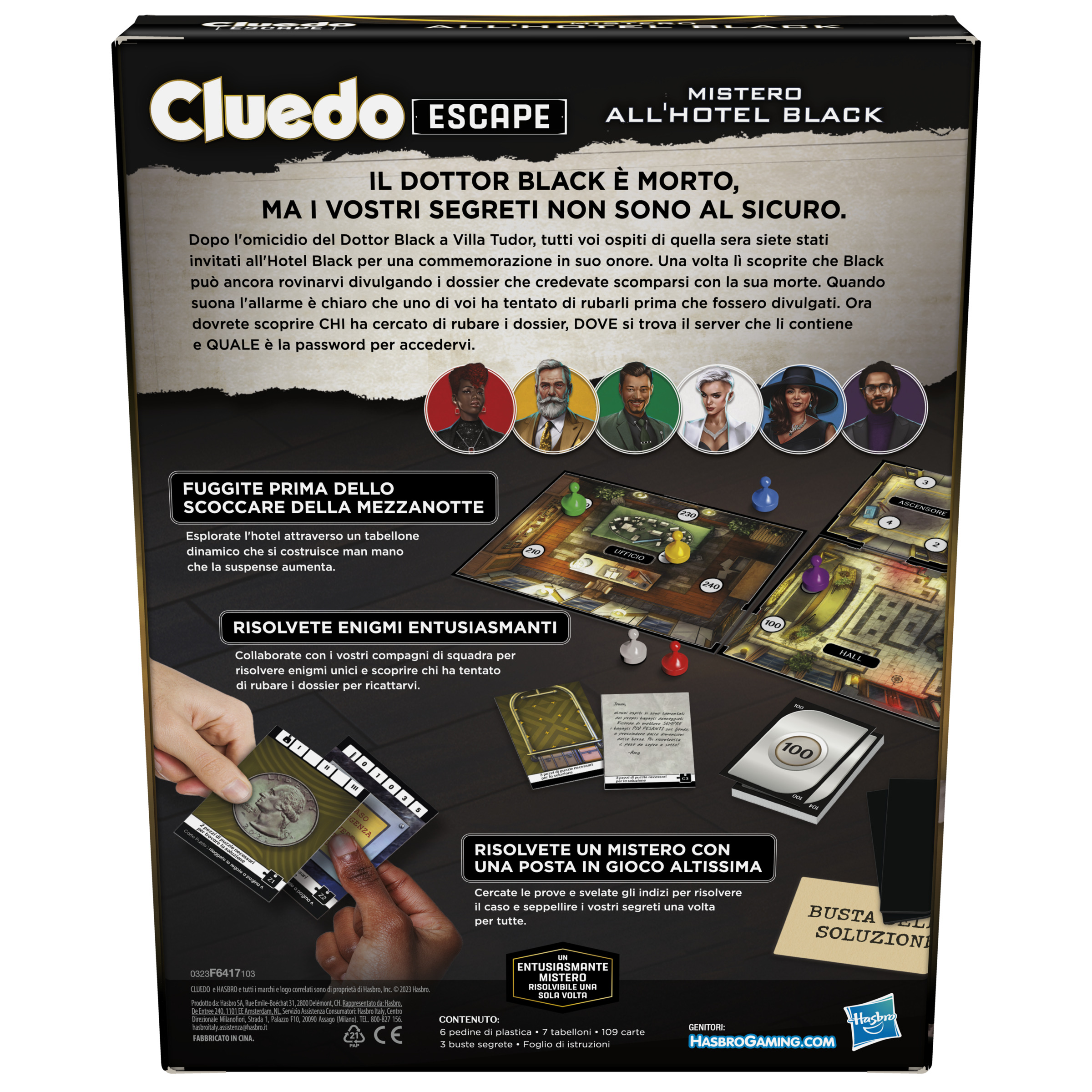 Cluedo Escape - Mistero all'Hotel Black, gioco da tavolo, giochi in versione escape room da risolvere 1 volta sola, giochi di mistero, dai 10 anni in su