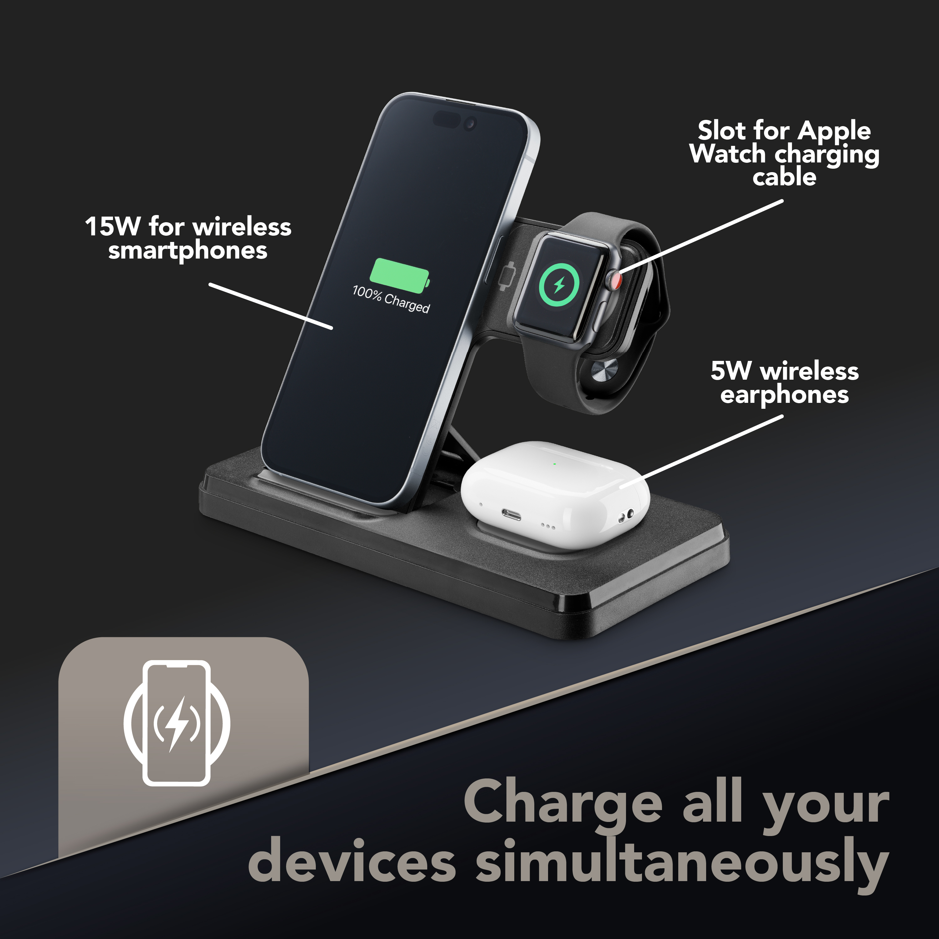 Tech Pop Triple Station 3 in 1 Base di ricarica wireless 3in1 da 15W