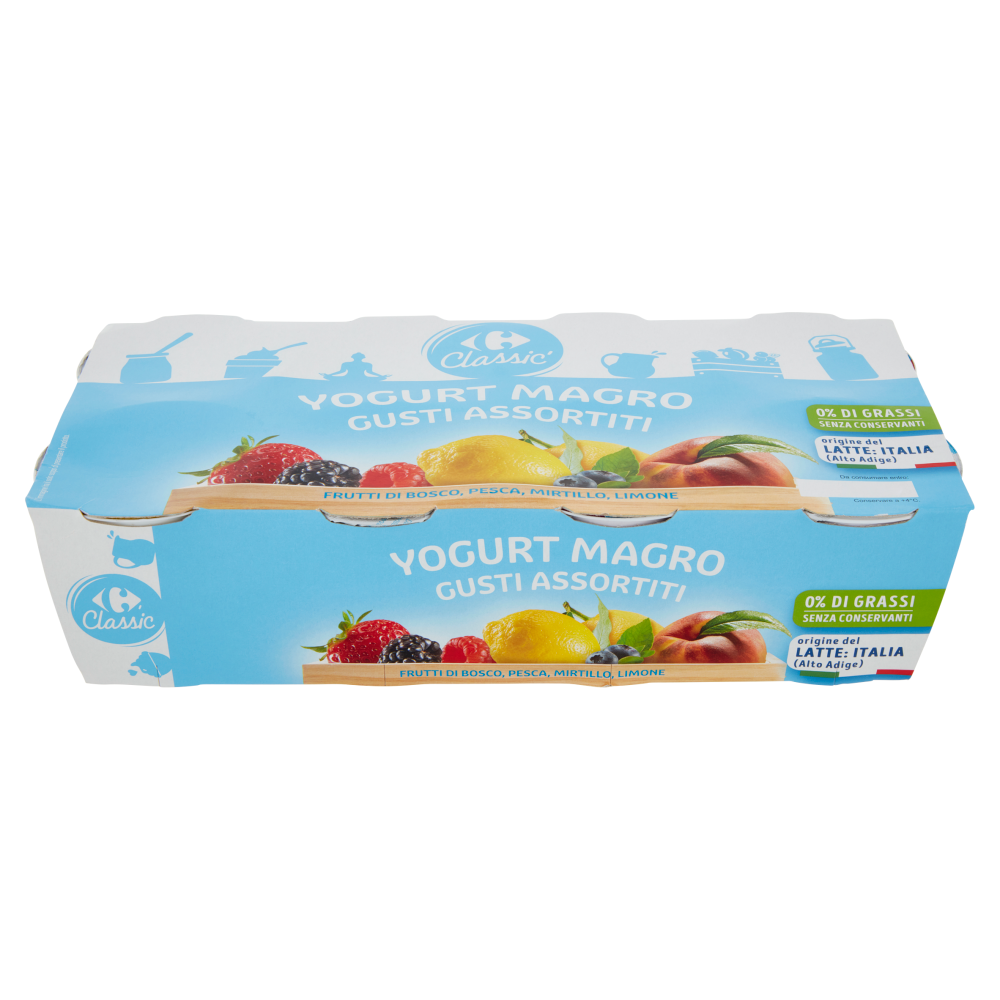 Carrefour Classic Yogurt Magro Gusti Assortiti Frutti di Bosco, Pesca, Mirtillo, Limone 8 x 125 g