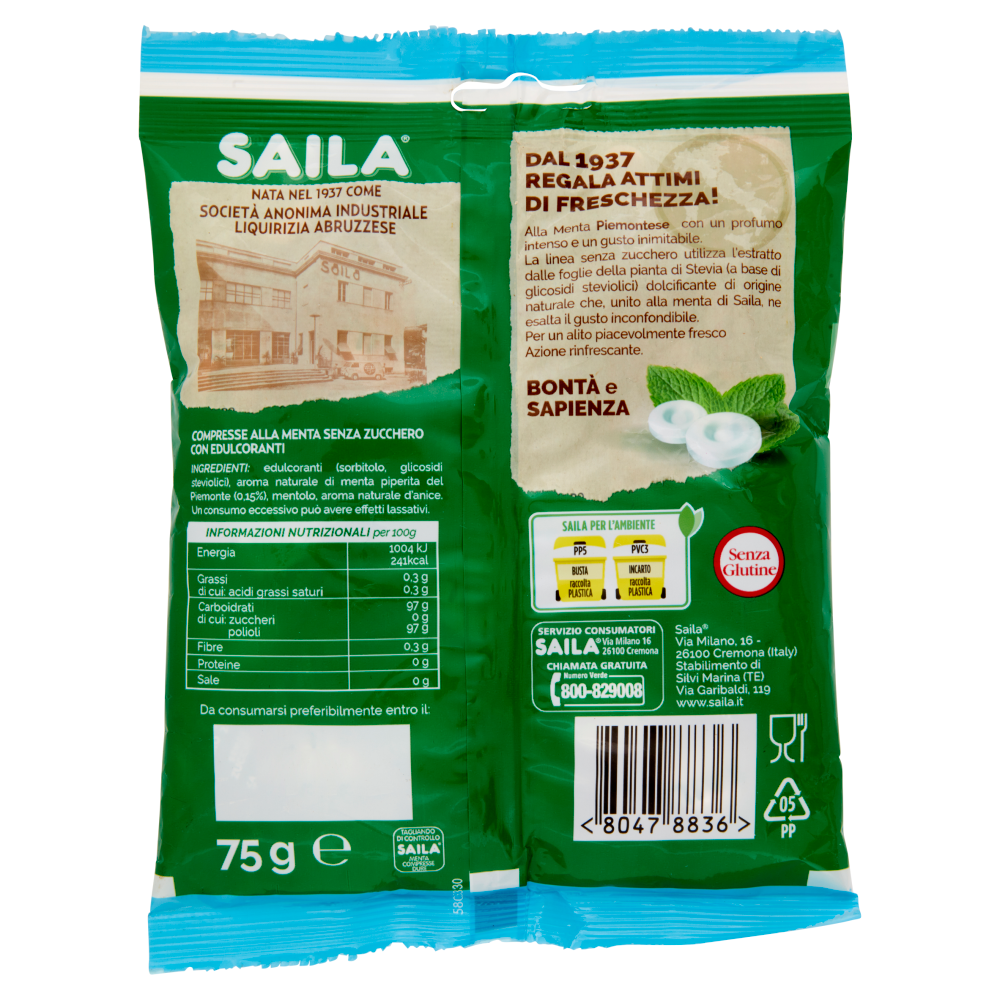 Saila alla Menta Piemontese Compresse Dure Senza Zucchero con estratto di Stevia 75 g