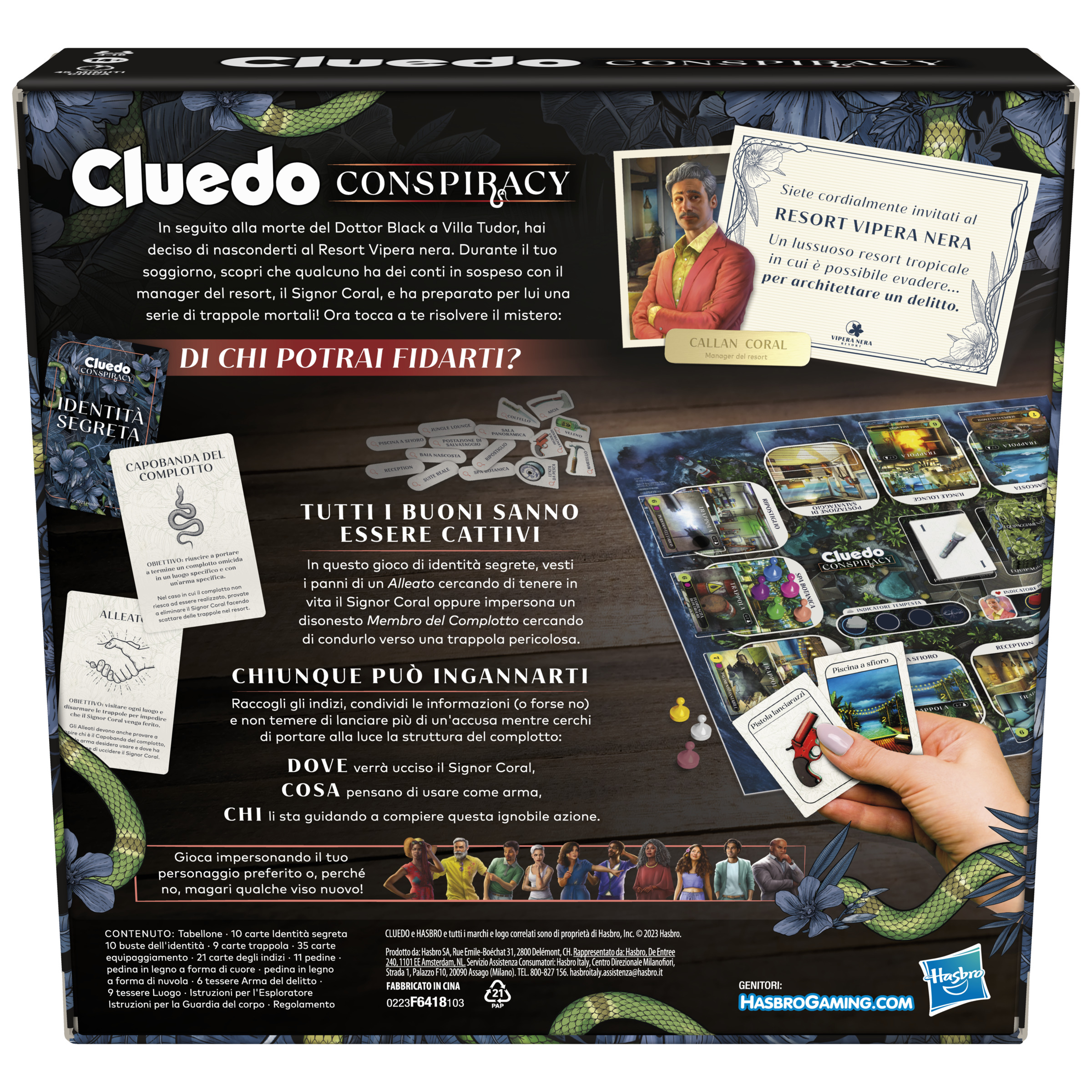 Cluedo Conspiracy, gioco da tavolo per adulti e ragazzi, dai 14 anni in su, gioco di strategia con identità segrete, per 4-10 giocatori