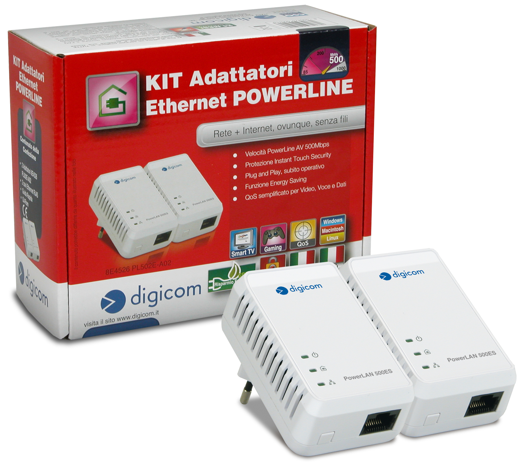 Digicom PL502E-A02 500 Mbit/s Collegamento ethernet LAN Bianco 2 pz