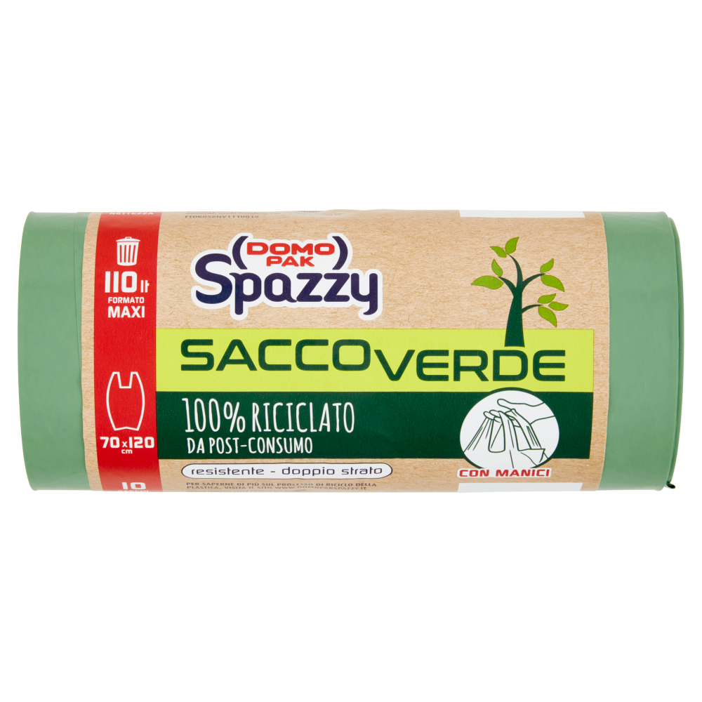 Domopak Spazzy Sacco Verde 100% Riciclato da Post-Consumo con Manici 110 lt 70x120 cm 10 pz