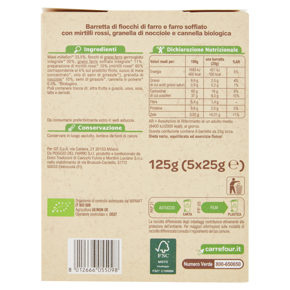 Carrefour Bio Barrette di fiocchi di farro e farro soffiato con mirtilli rossi 5 x 25 g