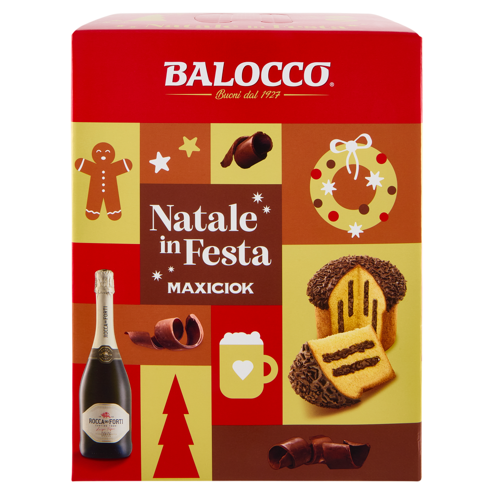 Balocco Natale in Festa Panettone Maxiciok 800 g & Rocca dei Forti Vino Spumante Dolce 75 cl