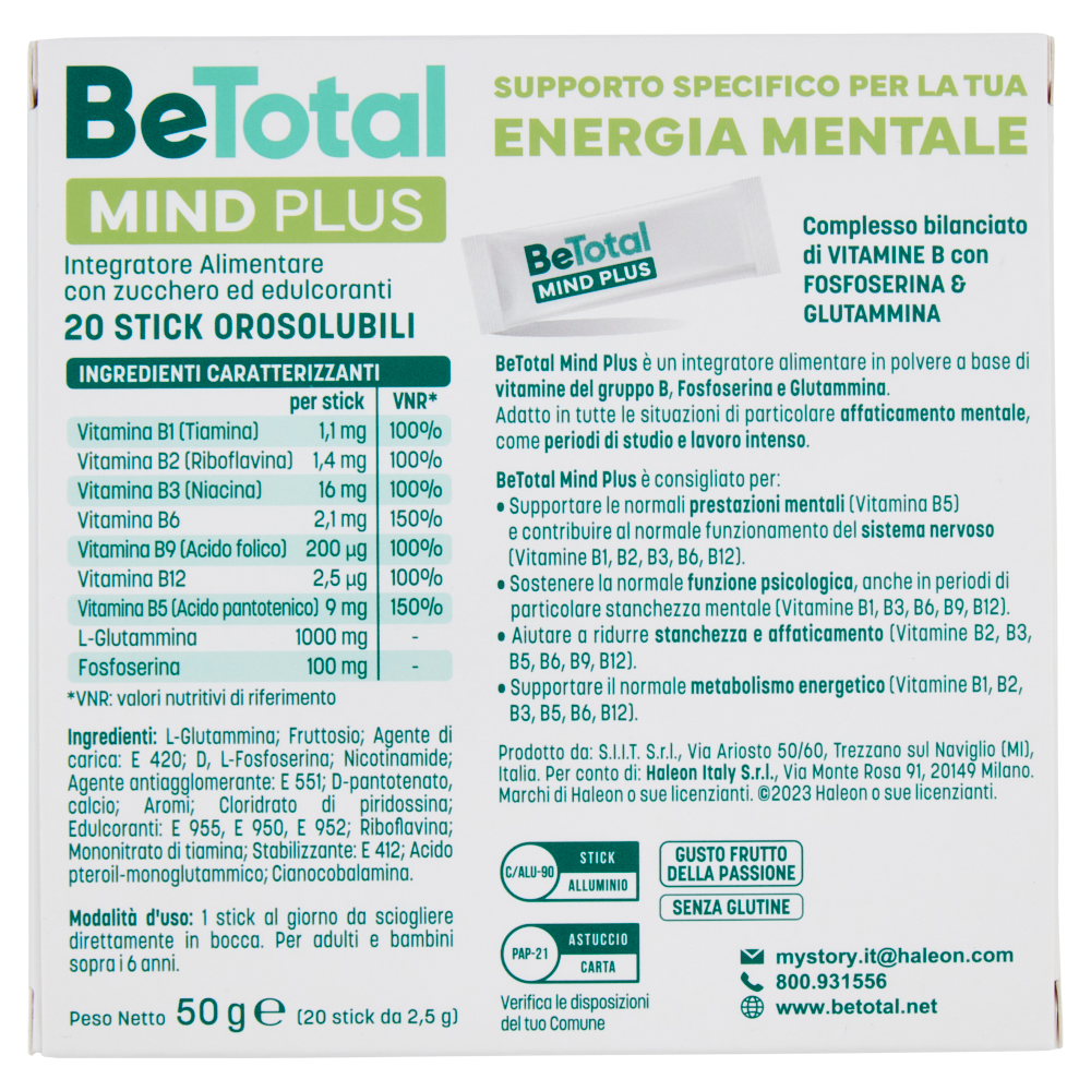 BeTotal Mind Plus Vitamina B Supporto per Stanchezza e Concentrazione Adulti e Bambini 6+ 20 Bst 50g