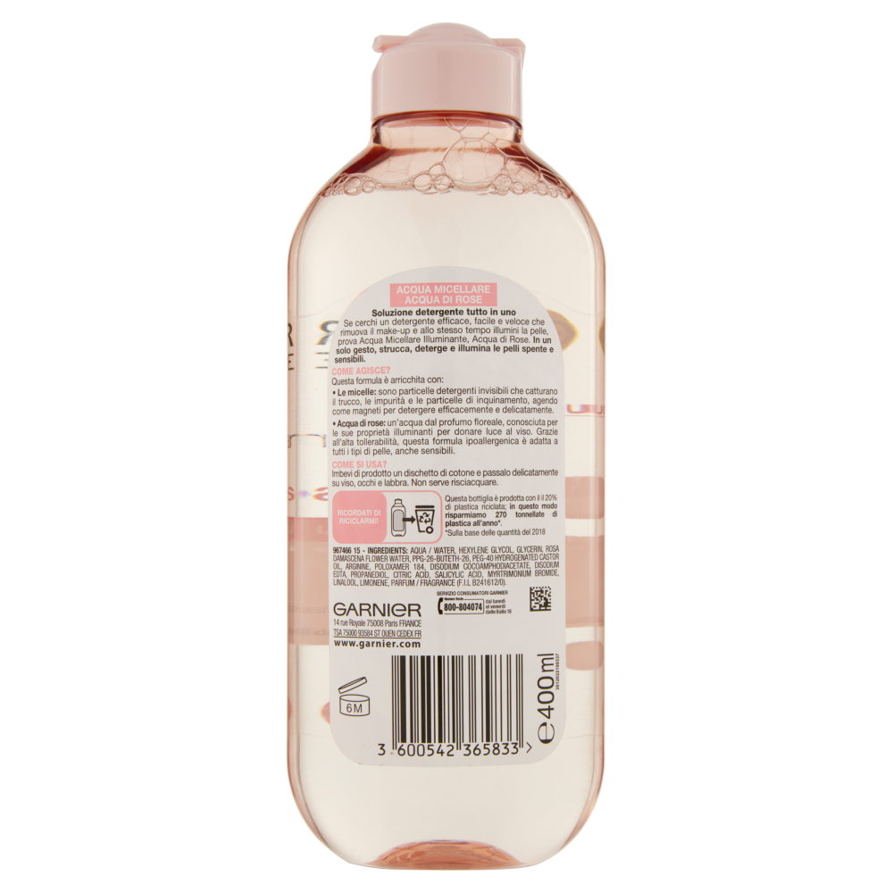 Garnier Acqua Micellare illuminante Acqua di Rose Micellare, per pelli spente e sensibili, 400 ml