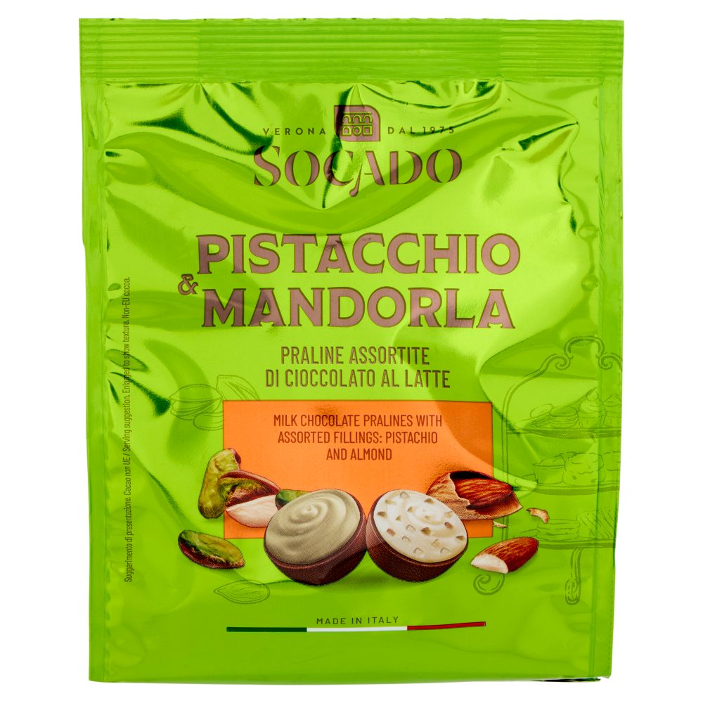 Socado Pistacchio & Mandorla Praline Assortite di Cioccolato al Latte 150 g