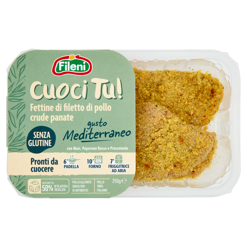 Fileni Cuoci Tu! Fettine di filetto di pollo crude panate gusto Mediterraneo 250 g